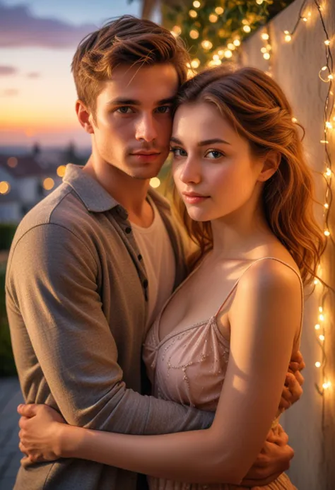 hdr photo, (upper body shot , front view) of two lovers embracing, detailed face, located in a romantic scene at a scenic corner...