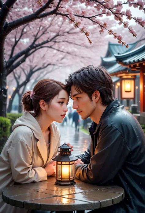 HDR photo, (medium shot , slightly above) of two lovers having a heartfelt conversation, detailed face, located in a romantic scene at a scenic place under cherry blossoms during afternoon with rainy weather, illuminated by lantern light, creating a tender atmosphere, Masterpiece,best quality, photo, realistic, very aesthetic,