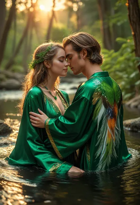 hdr photo, (medium full shot , from behind) of a couple,  dryad adorned in emerald green flowing woodland robe, feathered forest...