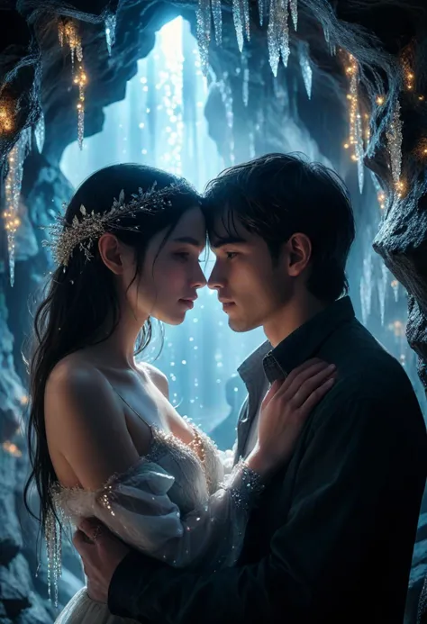 (upper body shot ) of two lovers sharing soft whispers, detailed face, located in a romantic scene at a scenic hidden cave lit by glowing crystals during evening with mild weather, illuminated by twinkling fairy lights, creating a tender atmosphere, detailed face, ,Masterpiece,best quality, photo, realistic, very aesthetic