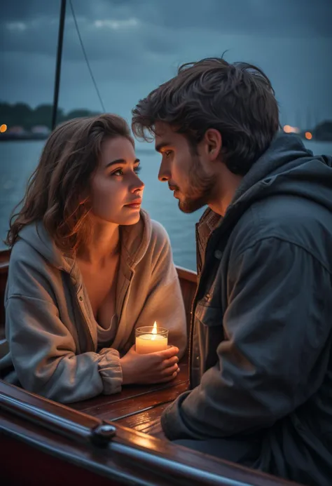 HDR photo, (medium shot ) of two lovers having a heartfelt conversation, detailed face, located in a romantic scene at a beautiful boat during early morning with overcast weather, illuminated by candlelight, creating a intimate atmosphere, Masterpiece,best quality, photo, realistic, very aesthetic,