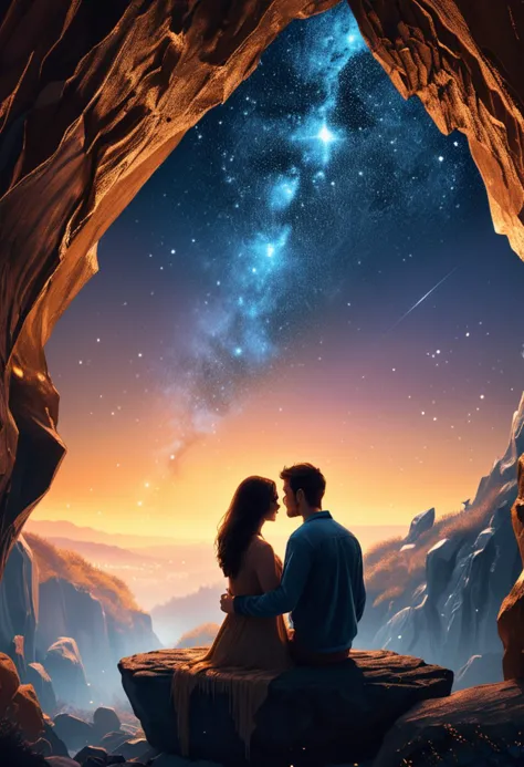 , (medium full shot ) of two lovers gazing at the stars together, detailed face, located in a romantic scene at a quiet hidden c...