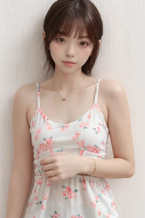 1girl,high quality,looking at viewer,upper body,tank top,simple background,floral print,lace trim,parted lips,<lora:yznn_v1-0000...