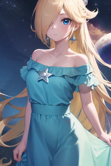 rosalina, rosalina, pelo rubio, blue eyes, pelo sobre un ojo, pelo largo,
BREAK blue vestido, corona, vestido, pendientes, joyas, Princesa, túnica, estrella pendientes,
Noche de descanso, night cielo, cielo, estrella \(cielo\), estrella \(símbolo\), espacio, sol,
descanso mirando al espectador, (tiro de vaquero:1.5),
BREAK (obra maestra:1.2), mejor calidad, Alta resolución, fondo de pantalla de unidad 8k, (ilustración:0.8), (hermosos ojos detallados:1.6), cara extremadamente detallada, Iluminación perfecta, CG extremadamente detallado, (manos perfectas, anatomía perfecta),