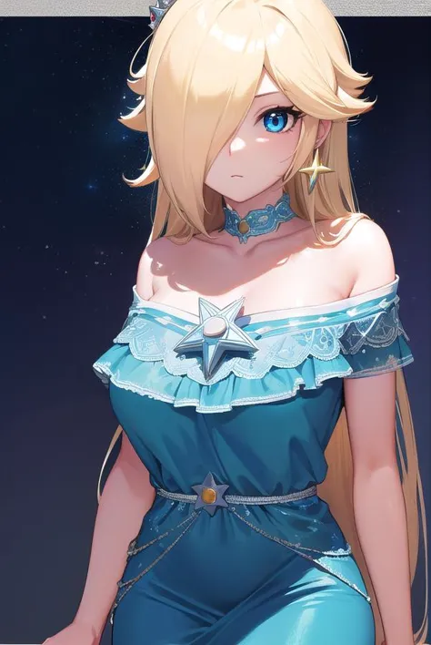 rosalina, <lora:rosalina-lora-nochekaiser:1>, 
rosalina, blonde hair, blue eyes, hair over one eye, long hair,
BREAK blue dress, crown, dress, earrings, jewelry, princess, robe, star earrings,
BREAK night, night sky, sky, star \(sky\), star \(symbol\), space, sun,
BREAK looking at viewer, (cowboy shot:1.5),
BREAK <lyco:GoodHands-beta2:1>, (masterpiece:1.2), best quality, high resolution, unity 8k wallpaper, (illustration:0.8), (beautiful detailed eyes:1.6), extremely detailed face, perfect lighting, extremely detailed CG, (perfect hands, perfect anatomy),