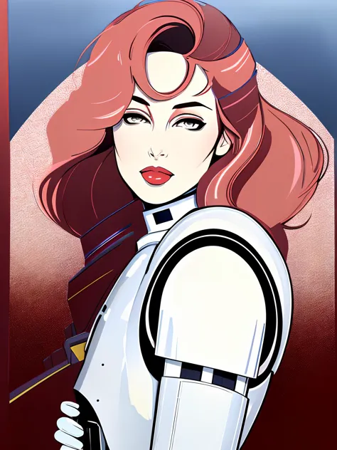 art by patrick nagel <lyco:diffusiondesign_Nagel_LoCon_1.13:1.0>, portrait of a woman in a  (stormtrooper) uniform, 1980s, featured on pixiv, best quality, ultra detailed, high quality, film grain, award winning, star wars