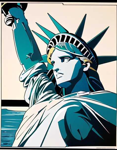 a close up of a poster of a statue of liberty