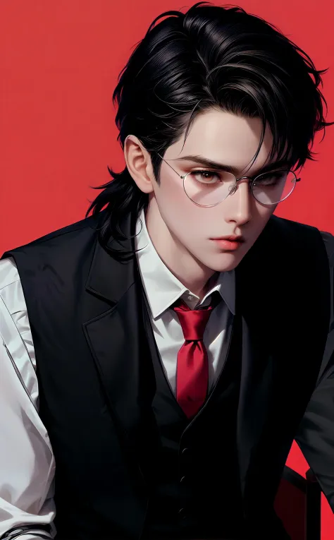 (masterpiece,best quality,ultra_detailed,highres,absurdres),1boy, male focus,solo, black long hair,(glasses:1.1), shirt, black n...