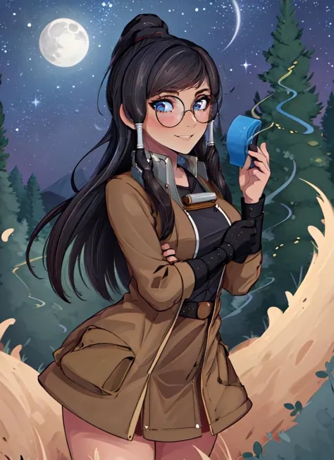 ((best quality)), ((highly detailed)), masterpiece, absurdres, (detailed eyes, deep eyes), (1girl), dynamic pose, cowboy shot, <lora:hairdetailer:.9>, nerd, <lora:LoraRoundGlassesV1:.7>, round glasses, thick rimmed glasses, smile, (outdoors, in a pine_tree forest, night, night sky, stars, broken moon, telescope), <lora:cummybender:1>, cummybender