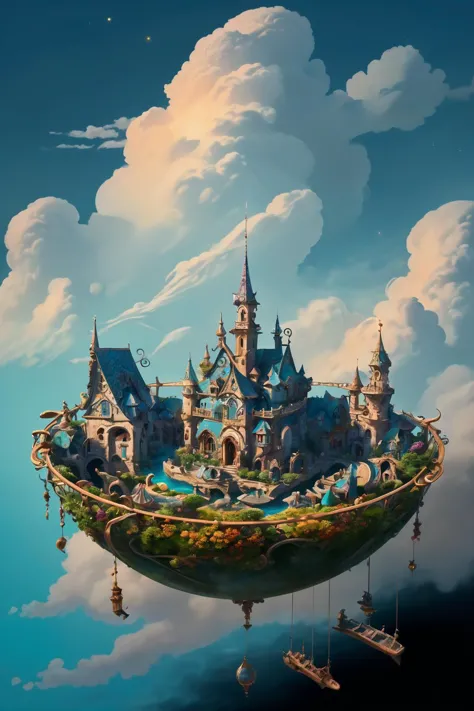 ((best quality)), ((masterpiece)), (detailed:1.3),
High above the earthly realm, a breathtaking magical village floats amidst th...