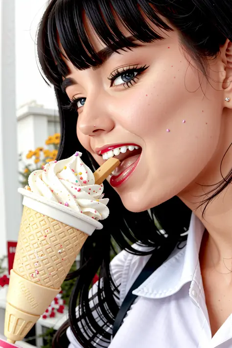 Bettie Page woman licking [thick cock AND ice cream cone:soft serve ice cream], tongue out, [giving blowjob:licking ice cream], [holding penis in hand AND holding ice cream cone:holding soft serve ice cream in hand], [ice cream cock:soft serve ice cream], ...