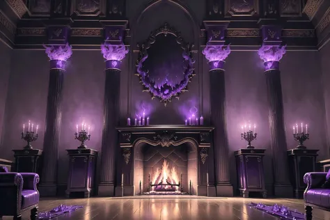 (grand fireplace with eerie purple flames,magic mirror,elaborate sacrificial altar:1.2), (masterpiece, best_quality, ultra-detai...