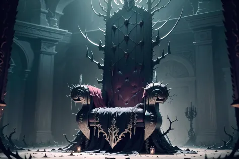 (Thorny vines,Throne of skulls,Rack of spiked weapons:1.2), (masterpiece, best_quality, ultra-detailed, immaculate:1.3), epic, illustration, dark throneroom, creepy lighting, sense of foreboding