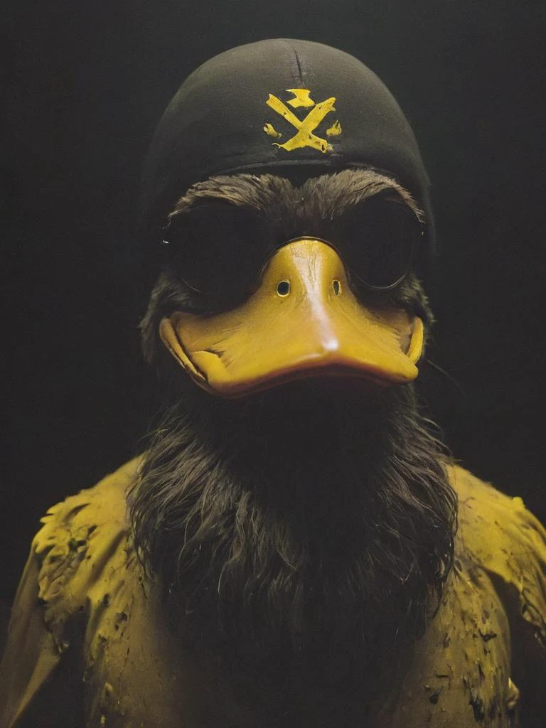 necessary accessory, an evil plotting duck sporting a an epic beard with a laser on its head, villains finest selection, cutting trough the darkness, neon yellow paint , 
