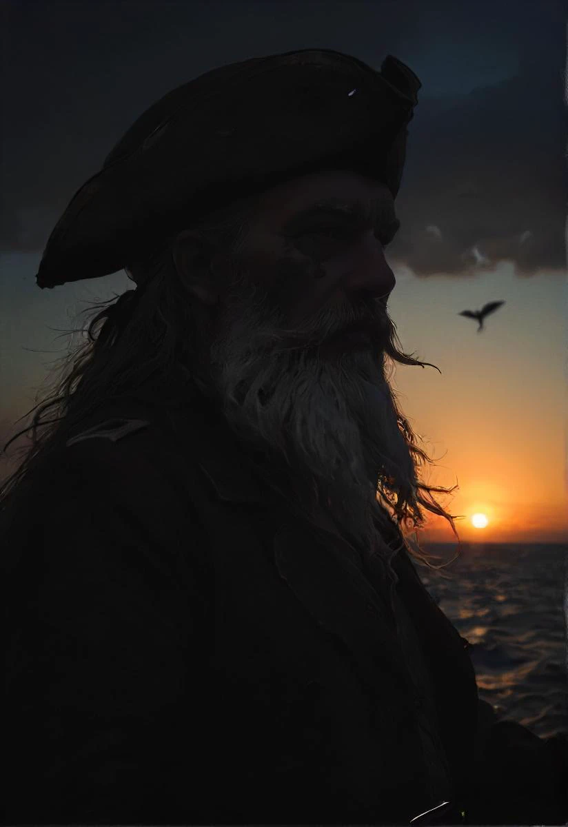 serene pirate, rugged , (messy white beard:1.2), dusk, ocean, whale, windy, ship, dark, calm, slumber incoming, back-light, silhouette, 