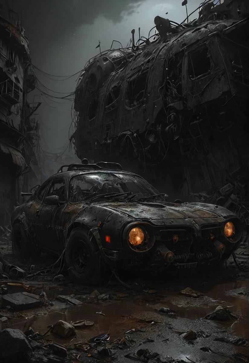 nighttime, dark, wasteland, car, detailed  vntblk, black, dark, background