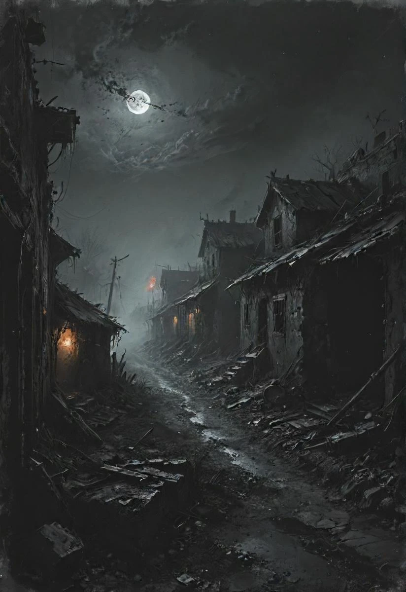 colorful, nighttime, dark, wasteland, abandoned village, warzone, detailed , vntblk, black, dark, background, 
