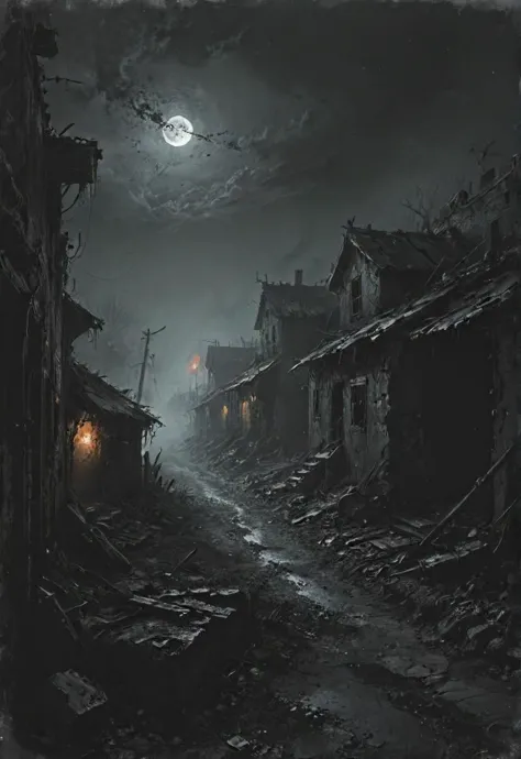 colorful, nighttime, dark, wasteland, abandoned village, warzone, detailed , vntblk, black, dark, background, <lora:- SDXL - amr...