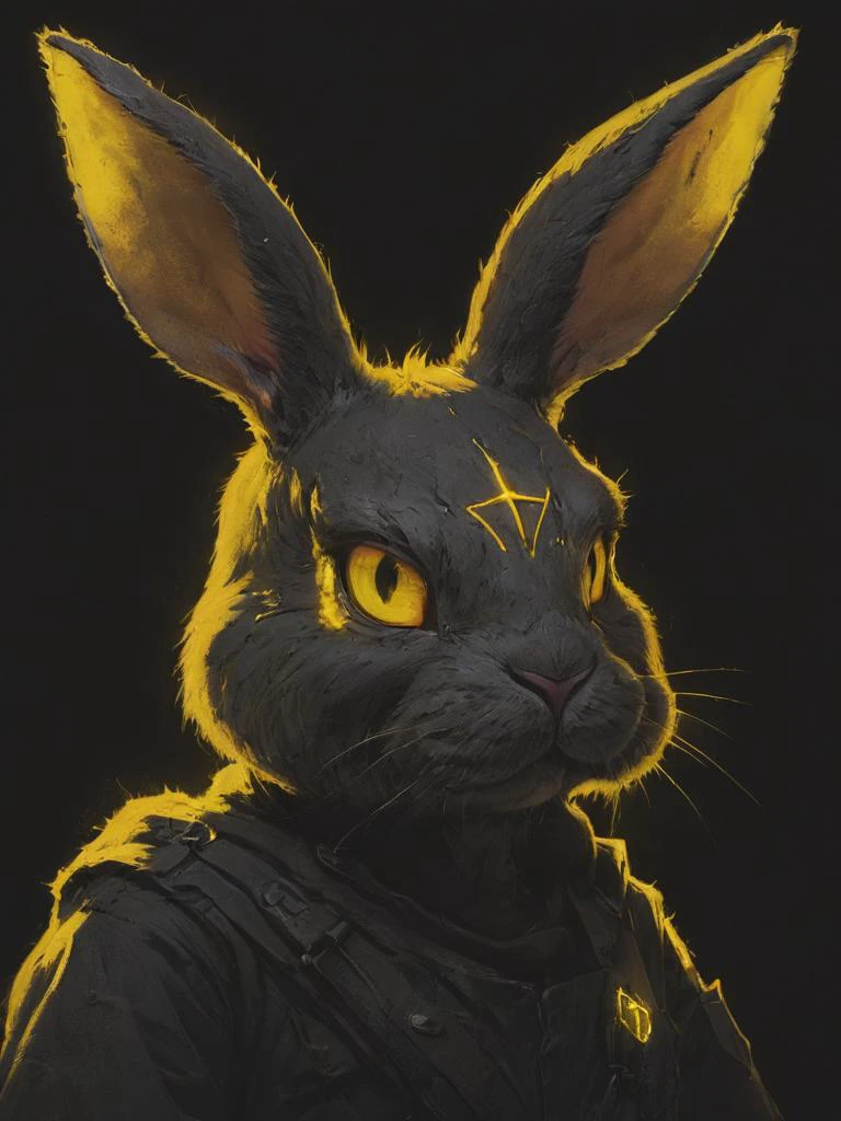 necessary accessory, an evil plotting rabbit with a laser on its head, villains finest selection, cutting trough the darkness, neon yellow paint , 