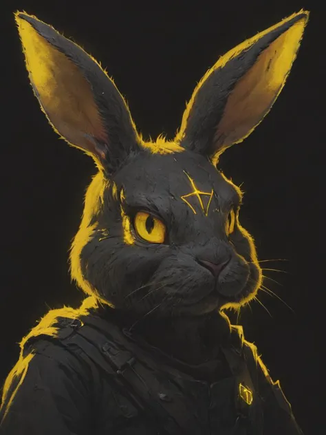 a black rabbit with yellow eyes and a black jacket