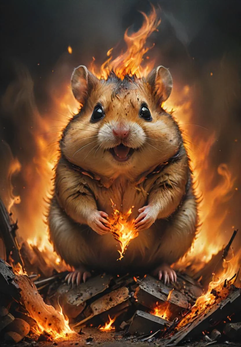 Era uma vez, havia um hamster malvado, maníaco e sorridente feito de fogo e pele de aço quente,  incendiando o mundo, expressivo, intricado, detalhado, escuro, temperamental, estranho,   