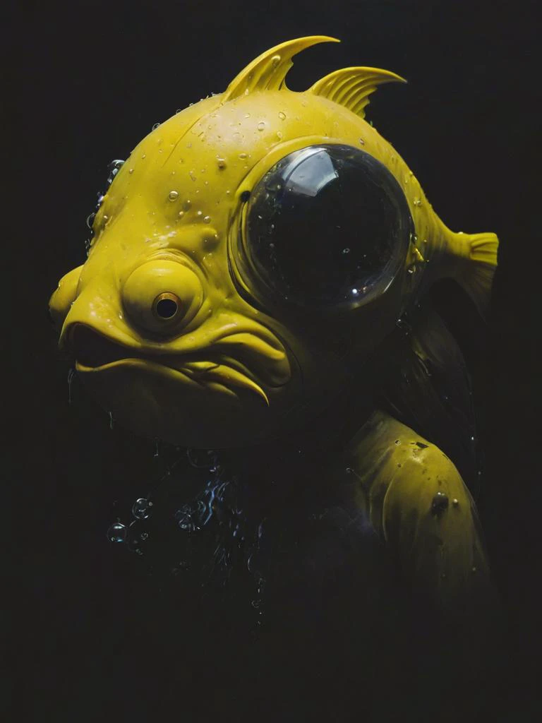 necessary accessory, an evil plotting angler-fish with bubbles on its head, villains finest selection, cutting trough the darkness, neon yellow paint , 