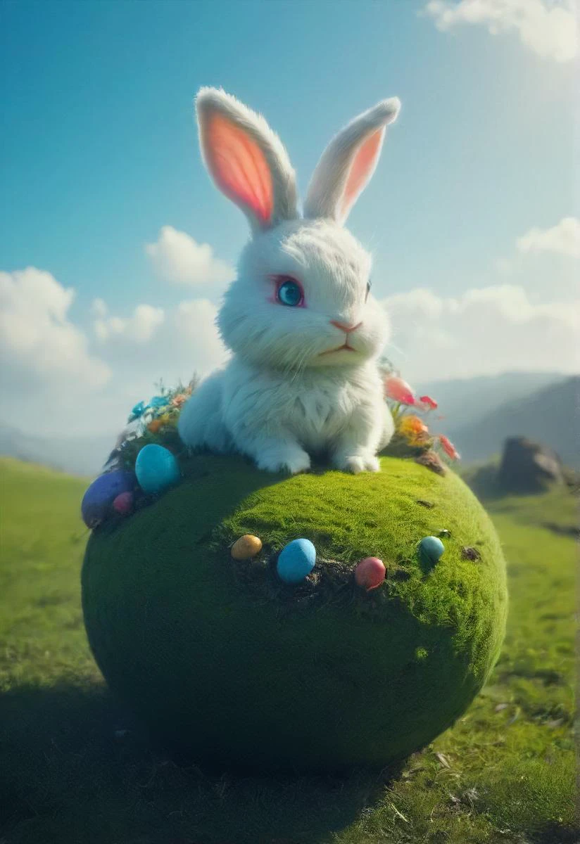 an evil white sinister fluffy easter bunny is dominating a tiny colorful floating (egg-shaped:1.1) planet, easter eggs, grass,  otclillsn 