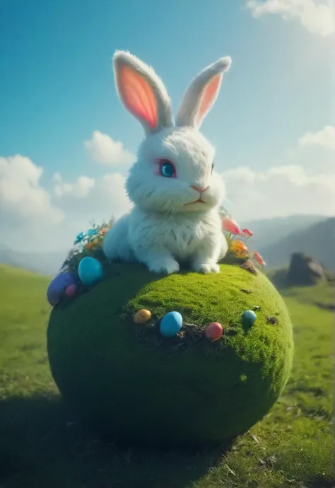 an evil white sinister fluffy easter bunny is dominating a tiny colorful floating (egg-shaped:1.1) planet, easter eggs, grass,  ...