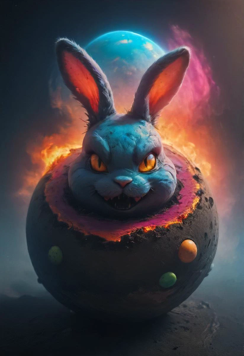 a dark evil sinister smiling easter bunny is dominating a tiny colorful floating (egg-shaped:1.1) planet, otclillsn 