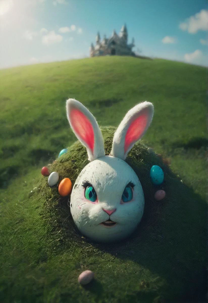 an evil white sinister easter bunny is dominating a tiny colorful floating (egg-shaped:1.1) planet, easter eggs, grass,  otclillsn 