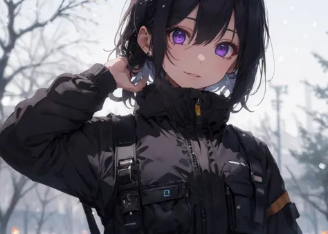 long zoom, distant photo. sharp focus ,mature woman, detailed background, winter, snow falling, (masterpiece),8k, hires, mature woman , black hair, short hair,  depth of field, RTX, bokeh,detailed skin, light particles, highres, high waisted pants, high waist, facing viewer, 1girl, future, black clothing, outfit, dark purple eyes, windbreaker, detailed eyes, galaxy eyes, tech clothing, futuristic clothing, utility, big hips, ,tactical vest, tactical, straps, <lora:Futuristicbot4:0.4> <lora:add_details:1>   <lora:urbansamuraiv3testing:0.3> <lora:eyes:0.5>