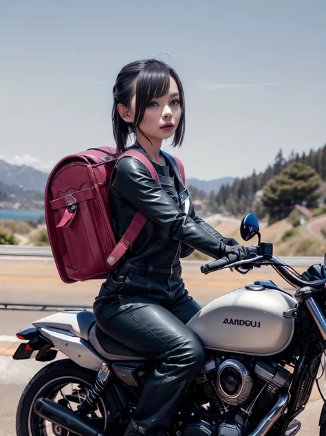 RAW photo, portrait, best quality, high res
a women is carrying randoseru backpack and wearing Jumpsuit is riding a motorcycle i...