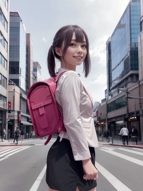 photo brute, portrait, Meilleure qualité, haute résolution, une femme au sourire léger porte un sac à dos randoseru et porte des costumes de veste et une jupe d&#39;affaires dans le quartier de Marunouchi à Tokyo avec de nombreux bâtiments commerciaux très hauts, vue de côté
