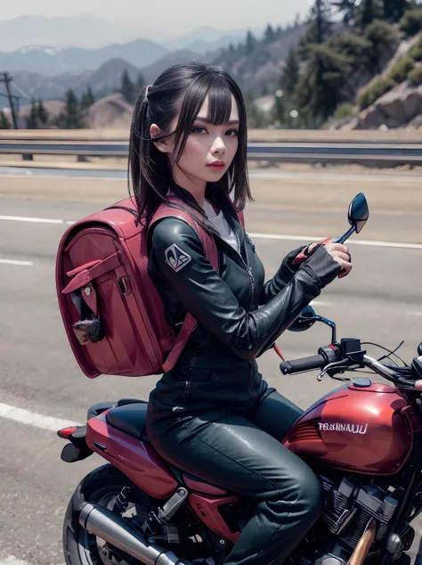 RAW photo, portrait, best quality, high res
a women is carrying randoseru backpack and wearing Jumpsuit is riding a motorcycle i...