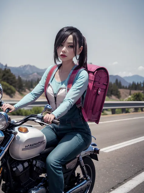 woman with backpack sitting on motorcycle on highway with mountains in background