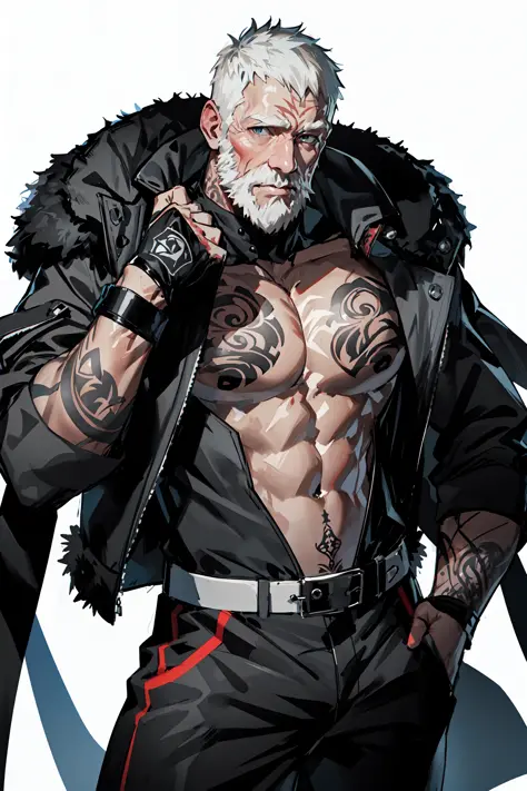 (masterpiece:1.2, best quality), (old man:1.2), , solo, white background, balck eyes, (white Beard:1.2), Fur clothes, muscular, ...