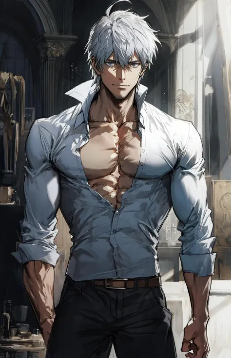 masterpiece, best quality, realistic, 1man, mature male, skinny muscular body, wide chest, broad shoulders, handsome, silver hair, angular jaw, extremely detailed eyes, relaxed lips, big arms, perfect face, black_sleeveless_shirt, long_sleeves, open chest, revealing clothes, Sunlight, Swirling wind, wavy long hair, Octane render, God_rays, black animal collar, <lora:betterLight_v10:0.5>, novel illustration of,