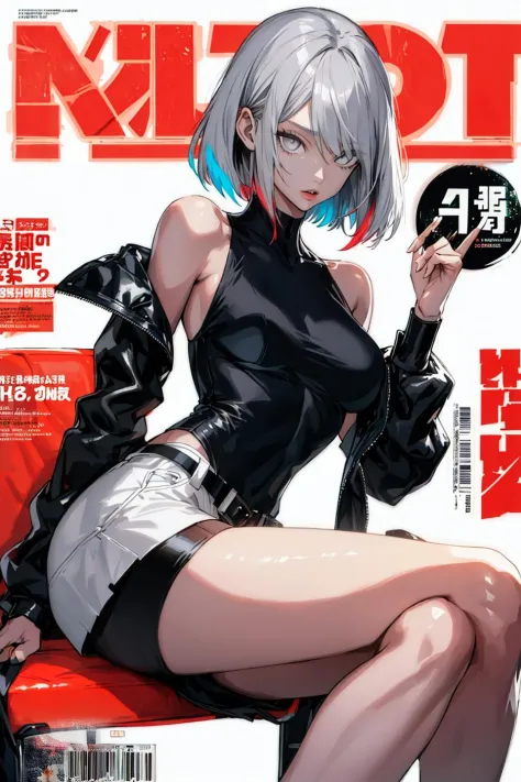 (magazine cover:1.3), (original: 1.2), masterpiece, best quality, beautiful clean face, (full body:1.1), lucy \(cyberpunk\), 1girl, against railing, arm rest, bangs, bare shoulders, belt, black belt, black leotard, black pants, blurry, bob cut, breasts, building, cityscape, clothing cutout, cropped jacket, cyberpunk, depth of field, from side, gradient eyes, grey eyes, grey hair, jacket, leotard, lips, long sleeves, mechanical parts, medium breasts, multicolored eyes, multicolored hair, night, night sky, off shoulder, open clothes, open jacket, outdoors, pants, parted lips, railing, red eyeliner, science fiction, short hair with long locks, short shorts, shorts, sidelocks, sky, solo, standing, thigh cutout, white jacket, white shorts,