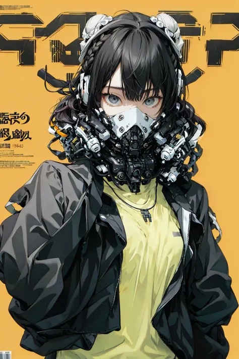 (magazine cover:1.3),ulzzang-6500, (realistic: 1.3) (original: 1.2), masterpiece, best quality, beautiful clean face, fullbody, 1woman, (wearing black and white and cobalt scifi techmask and headphones with complex electronics), wearing black techwear jacket and orange trousers with buckle and tape, (crystal necklace), posing for a picture, (white braided bun hair),  