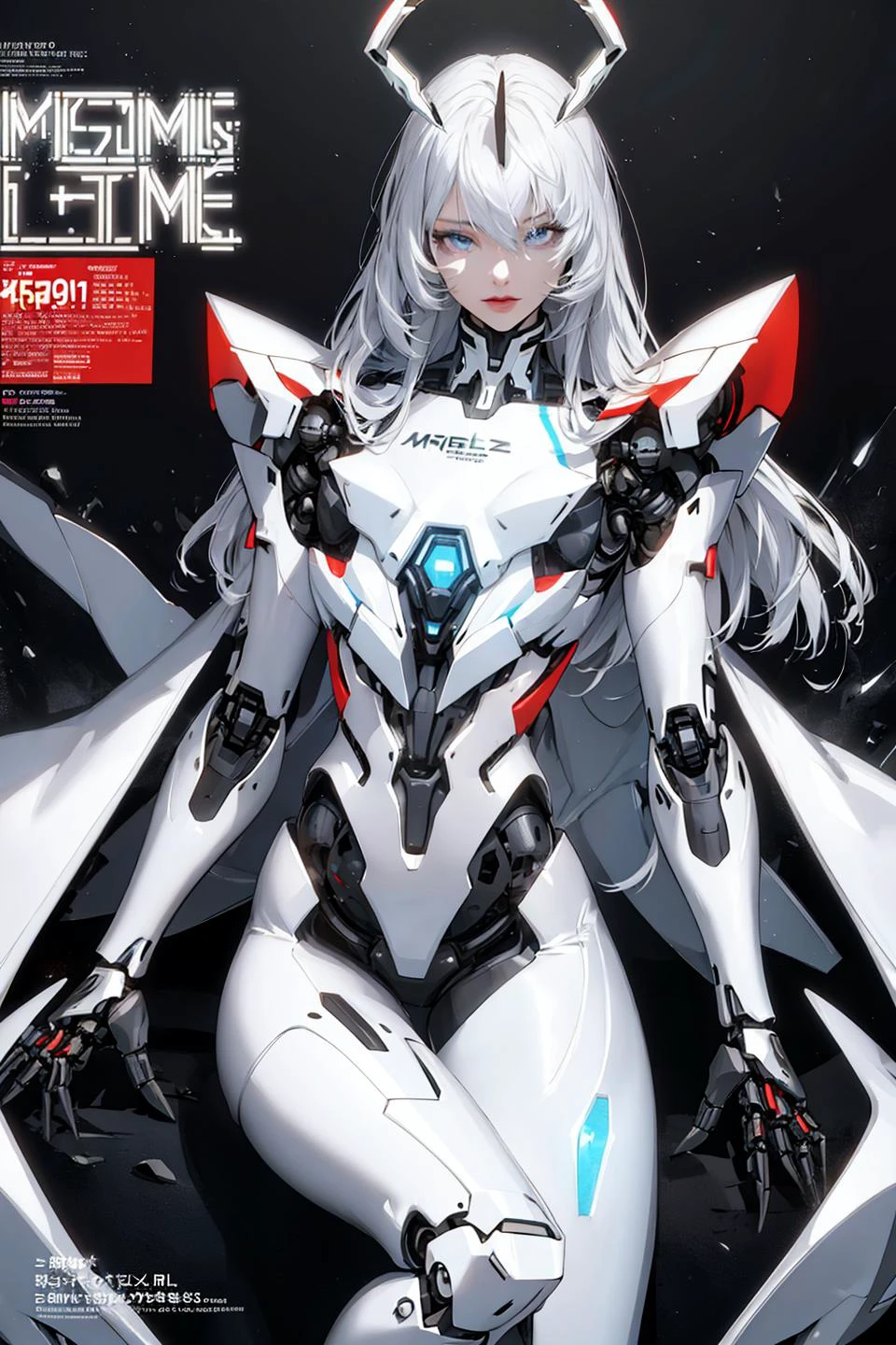 (magazine cover:1.3),ulzzang-6500, (realistic: 1.3) (original: 1.2), masterpiece, best quality, beautiful clean face, fullbody,  ((robot girl, mecha)), broken armor, mechanical halo, mechanical arms, white hair, long hair, ceramic body, thigh gap, small breast, cyber background, extreme detailed city, (translucent body, reflection skin), 8k, best quality, ultra detailed, (hyperrealistic:1.4), 