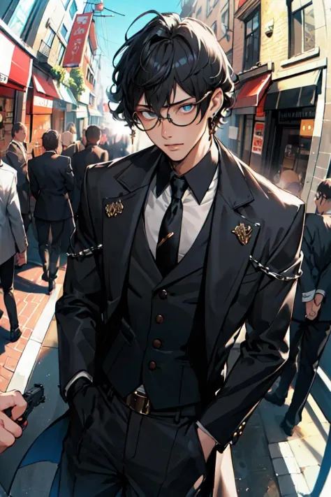 masterpiece,best quality,(1man:1.3), 25 years old,short hair,colored tips,curly hair,colored glasses,earings,gun,tie,topless,corset,mafia style,handcuffs,wrap coat,street,from above,(dutch angle, fisheye),lens flare,depth of field <lora:gachaSplashLORA_v40:0.2>