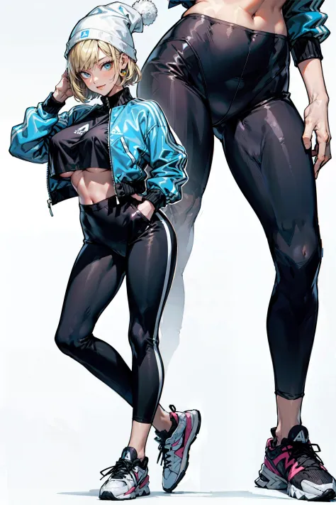 (masterpiece, best quality), 1lady, milf
(short Track jacket), high-waist leggings, cropped top, (underboob:1.15), beanie, High Sneakers
blonde bob cut, big breasts
(white background:1.15), (full body), hands in pocket, (from front:1.2), looking at viewer, standing