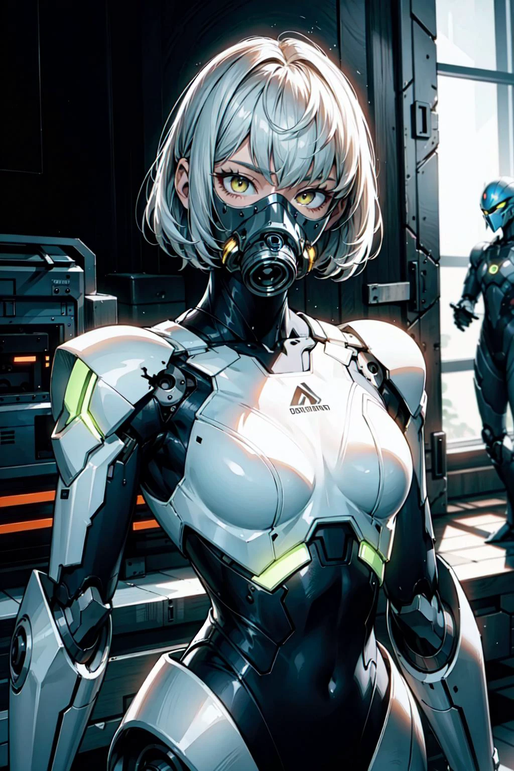 (masterpiece:1.2,high quality), 1girl, ((ultra realistic details)), global illumination, shadows, Unreal Engine, octane render, 8k, ultra sharp, metal, intricate, ornaments detailed, highly intricate details, yellow eyes, (mechanical body:1.2), white hair, (black gas mask), Gear, bob cut, hundreds of wires, Terran, (Robot, android:1.15), Apocalypse, broken buildings