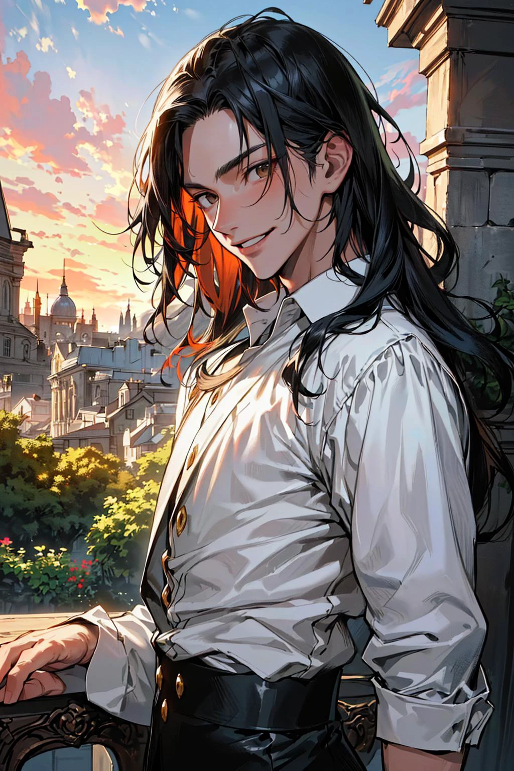 absurdres, (great composition), 1man, solo, adult, handsome, dynamic angle, dynamic lighting, well-built, olive skin, refined, handsome_male, 
long black hair, large 18th-century baroque mansion, garden, nobleman, aristocratic, elegant, neat, graceful, sunset, scenery, smile