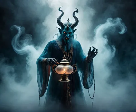 a man in a horned costume holding a lamp in his hands