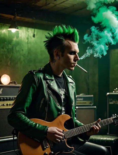 arafed man with green hair and spiked head playing guitar