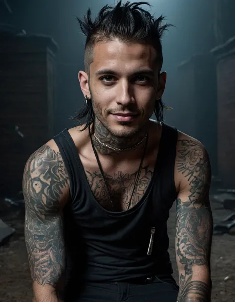 a man with tattoos on his arms and chest sitting in a room