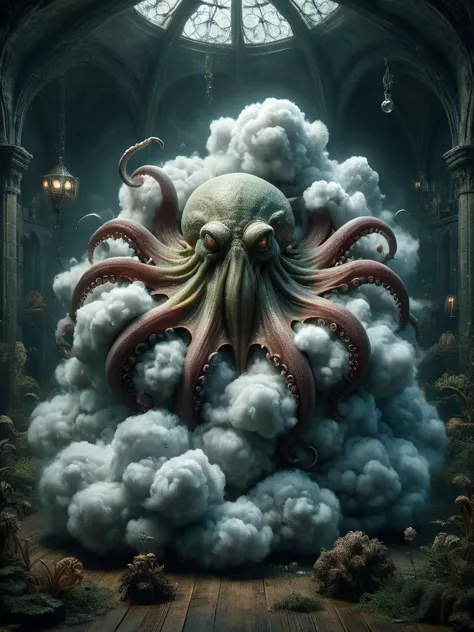 a large octopus is floating in the air with clouds