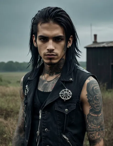 (nightmare dystopian science fiction style:1.5) (medium shot, zoomed in upper body portrait:1.3) photo of a smirking, (closed mouth:1.5) bored (punk with tattoos:1.1) 22 year old (Paraguayan:1.1) man with long honey hair, black eyes, toned ass, (eyeliner:0.9), (pores:0.5), (goosebumps:0.5), (film grain:0.9). He is wearing a (dark gothic scifi:1.1) (open vest, jeans, combat boots:1.1). He is stepping facing diagonal to camera, in a (nightmare dystopian scifi:1.1) (ruined spooky:1.1) countryside, (dark:1.1), (dim:1.1), (gloomy:1.1), evening, foggy. detailed skin texture, detailed cloth texture, detailed face, (intricate sharp details:1.1), ultra high res