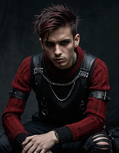 a close up of a person sitting on a chair with a chain around his neck